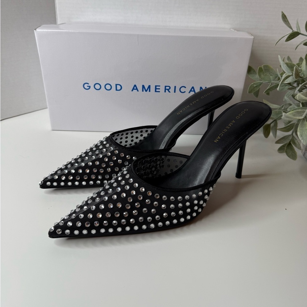 Good American Diamond Mesh Mules Heeled Black Pointed Toe Baddie Size 10.5M NIB